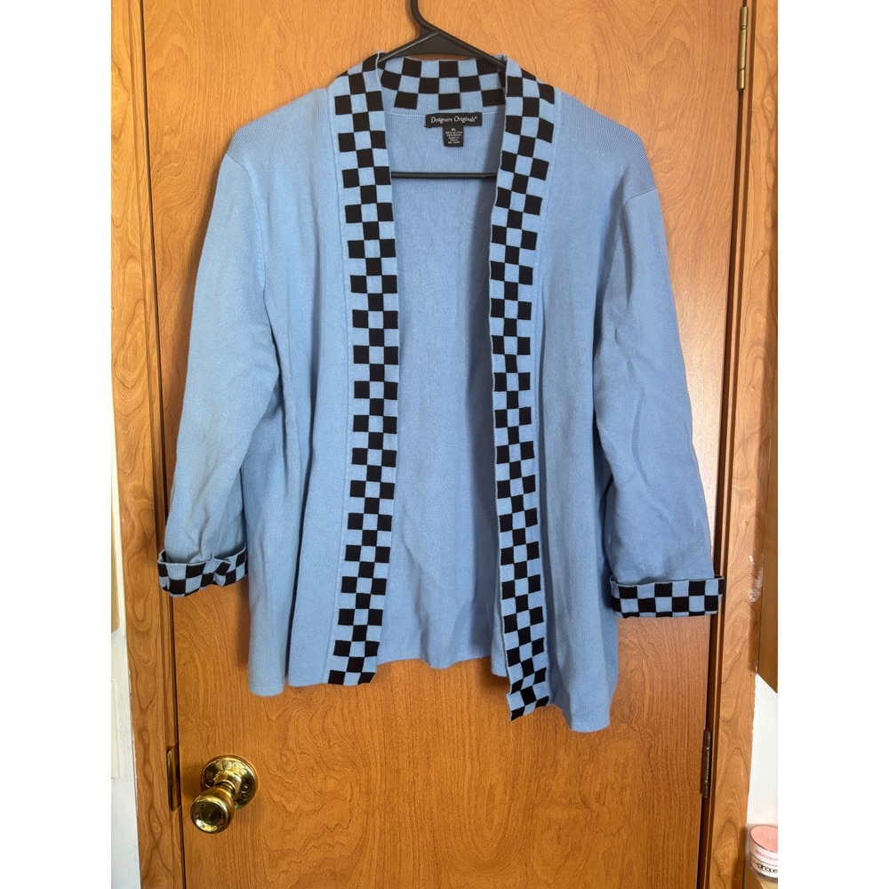 Designers Originals Womens XL Blue Checkered Trim Open Front Cardigan Sweater